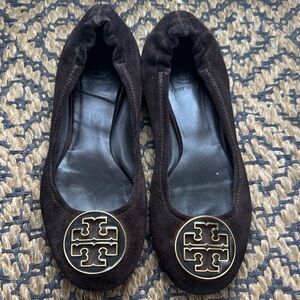 Tory Burch Dark Brown Suede Flats with Gold Logo